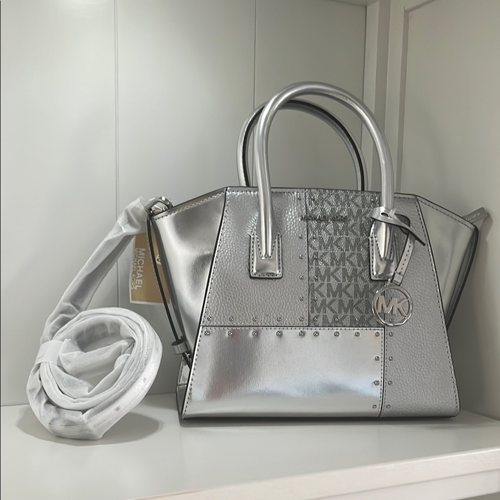 Avril Small Metallic Studded Patchwork & Signature Logo Satchel-NWT - Picture 7 of 9